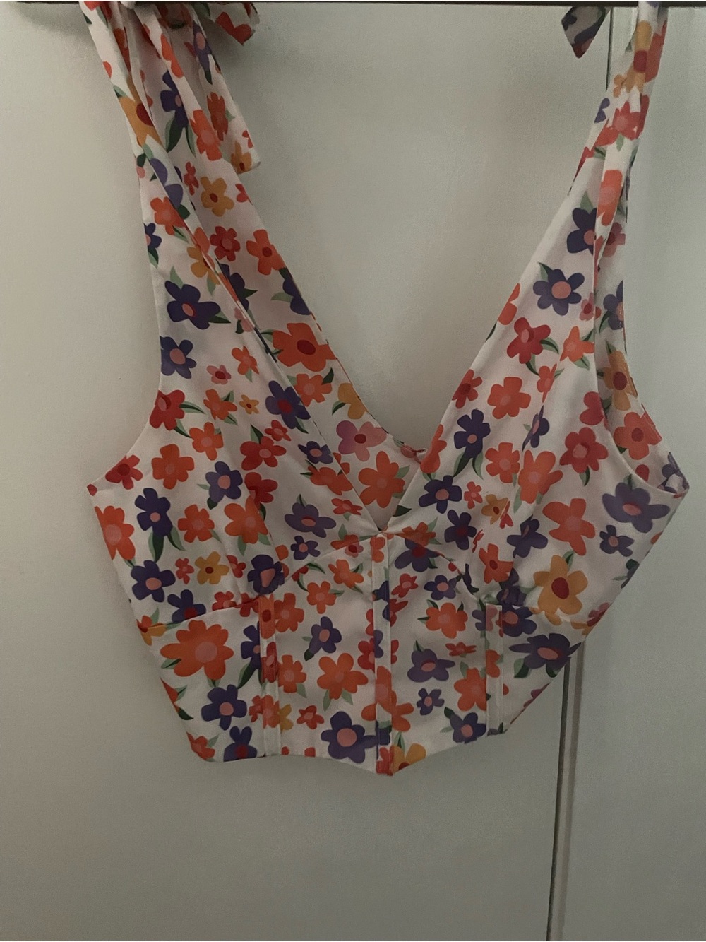 SHEIN White Floral Tie-Shoulder Crop Camisole with Orange & Purple Flowers